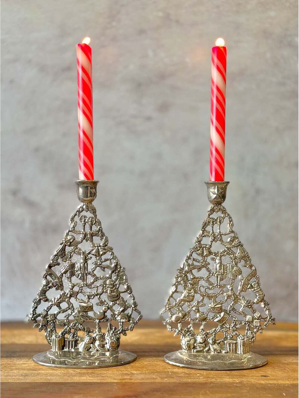 Godinger Silverplate Christmas Tree Candlesticks Pair | Toy Motif Taper